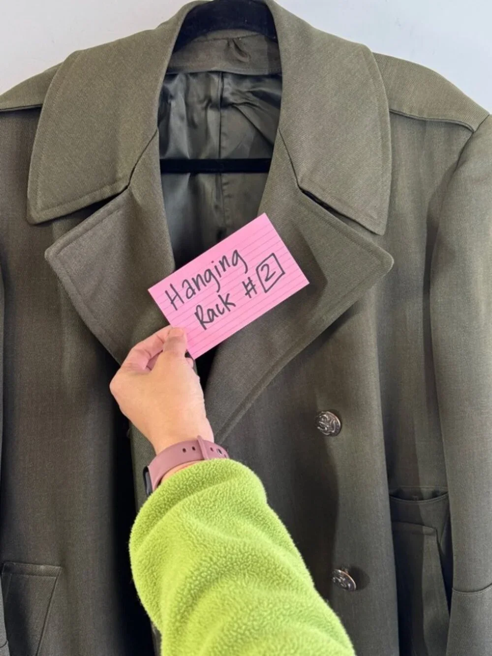 Vintage Mens 60s 70s Military Trench Olive Green Long Coat Double Breasted Wool
